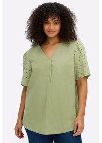 Longbluse sheego, Damen, Gr. 58, schilf, 100% Baumwolle, unifarben, V-Ausschnitt, Blusen Longbluse