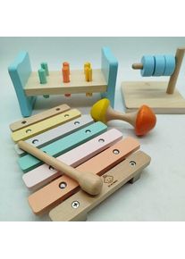 Oh My Baby Bundle Set von 4 Holzspielzeug Xylophon, Steckspiel, Stapelringe, Rassel | mehrfarbig