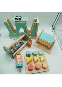 Oh My Baby Bundle Holzspielzeug Set von 4 Werkbank, Steckspiel, Rassel & Autorennbahne