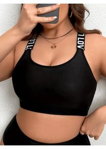 Plus Size Women Sports Bra, Black & White Letter Tape Seamless Racerback Full Coverage Bra, Suitable For Homewear, Workout, And