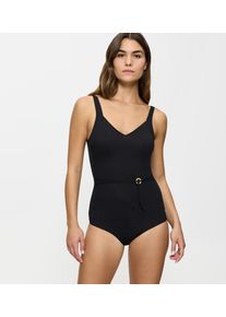 Badeanzug Triumph "Summer Twist", Damen, Gr. 42, Cup D, schwarz, Microfaser, Obermaterial: 77% Polyamid, 23% Elasthan, Badeanz&uuml;ge Badeanzug, V-Ausschnitt, vorn mit Flechtg&uuml;rtel, Zierring, verstellbare Tr&auml;ger