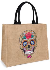 Henkeltasche styleBREAKER "Leinen Henkeltasche Sugar Skull", Damen, Gr. B/H/T: 41cm x 33cm x 17cm Einheitsgr&ouml;&szlig;e, braun, Obermaterial: 100% Leinen LI., gemustert, Taschen Henkeltasche