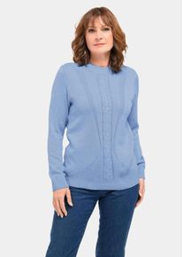 Rundhalspullover GOLDNER "Kurzgr&ouml;&szlig;e Stehkragenpullover im Zopfstrick", Damen, Gr. 23, blau (hellblau), Obermaterial: 50% Baumwolle CO. 50% Polyacryl PAN., gerade, Pullover Rundhalspullover, hoher Baumwollanteil