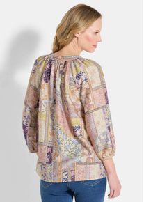 Schlupfbluse GOLDNER "Kurzgr&ouml;&szlig;e Luftige Patch-Druck-Bluse mit 3/4-Arm", Damen, Gr. 25, beige (stein, gemustert), Obermaterial: 90% Viskose CV. 10% Polyamid PA., figurumspielend, Blusen Schlupfbluse, Bindeb&auml;ndchen
