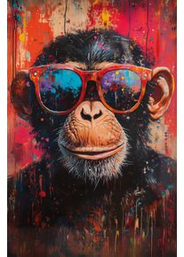 Bild B&Ouml;NNINGHOFF "BUNTER SCHIMPANSE 78x118 cm &ndash; Leinwandbild Keilrahmen Deko modern", bunt (farbe bild(er): braun, schwarz, wei&szlig;, blau, rot), B:78cm H:118cm T:1,8cm, Canvas, MDF, Bilder, Bild