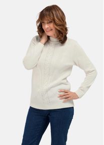 Rundhalspullover GOLDNER "Kurzgr&ouml;&szlig;e Stehkragenpullover im Zopfstrick", Damen, Gr. 21, wei&szlig; (cremewei&szlig;), Obermaterial: 50% Baumwolle CO. 50% Polyacryl PAN., gerade, Pullover Rundhalspullover, hoher Baumwollanteil