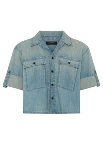 G-Star Raw Hemdbluse G-STAR "Boxy Relaxed Shirt ss wmn", Damen, Gr. XS (34), vintage sandblast, Denim/Jeans, Obermaterial: 100% Baumwolle, unifarben, relaxed fit h&uuml;ftlang, Rundhals, krempelbar, Blusen Hemdbluse, mit gekrempelten &Auml;rmeln, Reverskragen