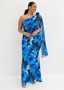 Aftonkl&auml;nning i one shoulder-stil med blomapplikation - bl&aring; - storlek 44 - bonprix