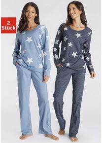 Pyjama Vivance Dreams, Damen, Gr. 40/42, blau (hellblau, marine, sterne), Single Jersey, Obermaterial: 50% Baumwolle, 50% Polyester, Basic lang, Rundhals, angesetztes B&uuml;ndchen, Homewear-Sets Pyjama, in melierter Optik mit Sternen