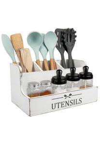 Extra Large Kitchen Utensils Holder 4 Compartments, Wood Utensil Organizer for Kitchen Countertop, Farmhouse Cooking Utensil Ho