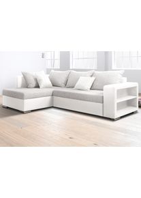 Ecksofa Collection AB "John L-Form, B: 226 cm", wei&szlig; (wei&szlig;, natur), B:226cm H:80cm T:160cm, Sofas, Ecksofa, Bettfunktion, Bettkasten, Regalelement & 2 Zierkissen