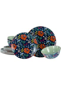Teller-Set Creatable "Folklore Blau, Teller Set 12-tlg", bunt (blau, bunt), 12 Stk., Steinzeug, Geschirr-Sets, Teller-Set, Blumenmotive