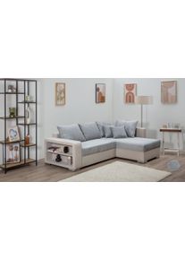 Ecksofa Collection AB "John L-Form, B: 226 cm", grau (hellgrau), B:226cm H:80cm T:160cm, 100%Polyester, Sofas, Ecksofa, Bettfunktion, Bettkasten, Regalelement & 2 Zierkissen