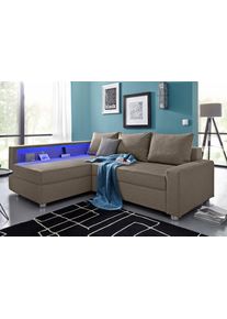 Ecksofa Collection AB "Relax L-Form, B: 223 cm", braun (macchiato), B:223cm H:84cm T:91cm, Zierkissen: 100%Polyester;Struktur (100% Polyester);Microfaser PRIMABELLE (100% Polyester);Kunstleder SOFTLUX / Struktur (80% Polyester, 20% Acryl);Microfaser PRIMABELLE (100% Polyester) / Struktur (80% Polyester, 20% Acryl), Sofas, Ecksofa, Bettfunktion, Bettkasten, Regalelement & 1 Zierkissen, optional Lic