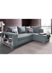 Ecksofa Collection AB "John L-Form, B: 226 cm", grau, B:226cm H:85cm T:160cm, Zierkissen: 100% Polyester;Struktur (100% Polyester);Kunstleder SOFTLUX / Struktur (80% Polyester; 20% Polyacryl);Microfaser PRIMABELLE (100% Polyester) / Struktur (100% Polyester), Sofas, Ecksofa, Bettfunktion, Bettkasten, Regalelement & 2 Zierkissen, Federkern