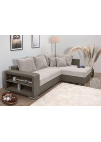 Ecksofa Collection AB "John L-Form, B: 226 cm", beige, B:226cm H:40cm T:160cm, 100%Polyester, Sofas, Ecksofa, Bettfunktion, Bettkasten, Regalelement, Licht & 2 Zierkissen