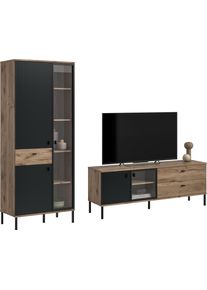 Wohnwand Inosign "TREVERK, Breite: 252 cm, hochwertige MDF-Front schwarz tiefzieh", braun (nox oak nachbildung, schwarz tiefzieh), B:252cm H:198cm T:41cm, Kastenm&ouml;bel-Sets, Wohnwand, Wohnkombination, Wohn-Kombi, Wohnzimmer, Kombi