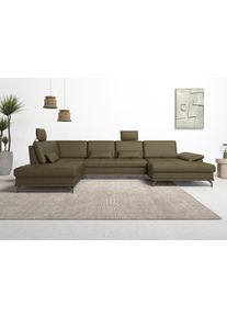 Wohnlandschaft OTTO HOME "Costello U-Form, B: 363 cm mit Sitztiefen-, Armteilverstellung &", gr&uuml;n (olive), B:363cm H:89cm T:223cm, Luxus-Microfaser (90% Polyester, 10% Polyamid);Samtoptik (100% Polyester), Sofas, Wohnlandschaft, 3 Nierenkissen, optional Bettfunktion & Bettkasten