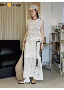 HanOrange 2026 Summer Bohemian Rhombus Knitted Tank Top + Skirt Women Two Piece Set Women Vacation Set Beige White