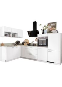 K&uuml;chenzeile KOCHSTATION "KS-Scafa, mit h&ouml;henverstellbaren F&uuml;&szlig;en", wei&szlig; (k&uuml;che: wei&szlig;, korpus: wei&szlig;, arbeitsplatte: zementfarben hell), B:305cm T:60cm, Komplettk&uuml;chen-Sets, K&uuml;chenzeile, vormontiert, wahlweise mit E-Ger&auml;ten, Stellbreite 305 x 185 cm