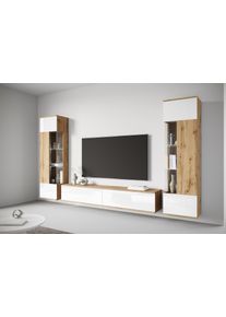 Wohnwand OTTO HOME "Kenia, Vitrine T&uuml;ranschlag links/rechts wechselbar", wei&szlig; (eichefarben votan, wei&szlig;), B:270cm, Glas, Hartfaserplatte, Holzwerkstoff, Kunststoff, Kastenm&ouml;bel-Sets, Wohnwand, Vitrinen mit Eckverglasung, h&auml;ngend und stehend montierbar