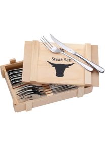 Steakbesteck WMF "inklusive Holzkiste, Monobloc, Wellenschliff, auch als Pizzabesteck", silber (edelstahlfarben), 12 Stk., Cromargan Edelstahl Rostfrei 18/10, Essbesteck-Sets, Steakbesteck, sp&uuml;lmaschinengeeignet, formstabil, hygienisch und s&auml;urefest