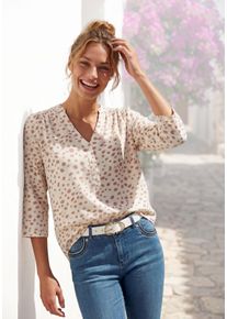 Schlupfbluse Lascana, Damen, Gr. 46, beige (creme, taupe bedruckt), Web, Obermaterial: 100% Viskose, bedruckt, figurumspielend h&uuml;ftlang, V-Ausschnitt, mit Riegel, Blusen Schlupfbluse, mit 3/4-&Auml;rmeln und Knopfleiste, Damenbluse, Topseller