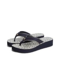 Zehentrenner Tommy Hilfiger "TH MONOGRAM MID WEDGE SANDAL", Damen, Gr. 41, dunkelblau, Textil, Schuhe Zehentrenner, Sommerschuh, Dianette mit logobedruckter Innensohle
