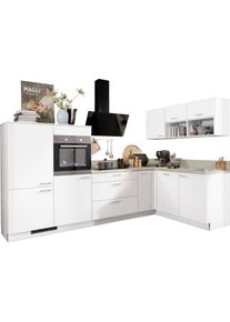 K&uuml;chenzeile KOCHSTATION "KS-Scafa, mit h&ouml;henverstellbaren F&uuml;&szlig;en", wei&szlig; (k&uuml;che: wei&szlig;, korpus: wei&szlig;, arbeitsplatte: zementfarben hell), B:305cm T:60cm, Komplettk&uuml;chen-Sets, K&uuml;chenzeile, vormontiert, wahlweise mit E-Ger&auml;ten, Stellbreite 305 x 185 cm