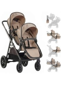Zwillings-Kombikinderwagen BABYGO "Duo", Baby, beige, Kinderwagen Zwillings-Kombikinderwagen, inkl. Wickeltasche u. 2 Regenhauben
