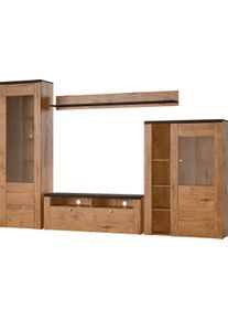 Wohnwand OTTO HOME "Larona, Anbauwand, Set 4 Teilig", braun (eichefarben lefkas, schwarzwood), B:305cm, Kastenm&ouml;bel-Sets, Wohnwand, bestehend aus 1 TV-Board, 1 Highboard, 1 Vitrine, 1 Wandregal
