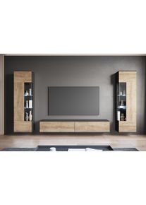 Wohnwand OTTO HOME "Kenia, Vitrine T&uuml;ranschlag links/rechts wechselbar", grau (matera anthrazit, kastanie breslau), B:270cm, Glas, Hartfaserplatte, Holzwerkstoff, Kunststoff, Kastenm&ouml;bel-Sets, Wohnwand, Vitrinen mit Eckverglasung, h&auml;ngend und stehend montierbar