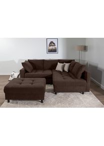 Ecksofa Collection AB "Toni L-Form, B: 215 cm", braun, B:215cm H:44cm T:184cm, 100%Polyester, Sofas, Ecksofa, Set: Sofa & Hocker, 2 Zierkissen, Federkern