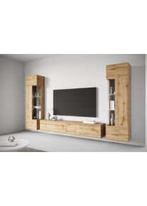 Wohnwand OTTO HOME "Kenia, Vitrine T&uuml;ranschlag links/rechts wechselbar", braun (eichefarben votan), B:270cm, Glas, Hartfaserplatte, Holzwerkstoff, Kunststoff, Kastenm&ouml;bel-Sets, Wohnwand, Vitrinen mit Eckverglasung, h&auml;ngend und stehend montierbar