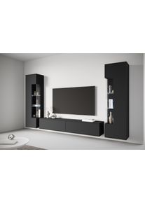 Wohnwand OTTO HOME "Kenia, Vitrine T&uuml;ranschlag links/rechts wechselbar", schwarz (graphite schwarz matt), B:270cm, Glas, Hartfaserplatte, Holzwerkstoff, Kunststoff, Kastenm&ouml;bel-Sets, Wohnwand, Vitrinen mit Eckverglasung, h&auml;ngend und stehend montierbar