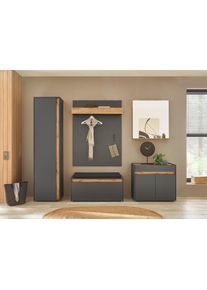 Garderoben-Set Home Affaire "GIRON/CiTY, moderne Garderobe, Komplettset mit viel Stauraum", grau (anthrazit), B:260cm H:200cm T:40cm, Holzwerkstoff, Kastenm&ouml;bel-Sets, Garderoben-Set, enth&auml;lt Schrank, Kommode, Spiegel, Paneel & Schuhbank +Sitzkissen