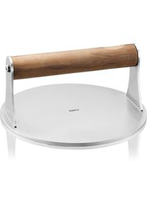 Burgerpresse Gefu "Smash-Burgerpresse BBQ mit rutschfestem Walnussholzgriff", silberfarben, braun, T:7,5cm &Oslash;:16cm, Edelstahl, Holz, K&uuml;chenpressen, Burgerpresse, glatte Antihaft-Oberfl&auml;che, optimale Hitzeverteilung, &Oslash; ca. 16 cm