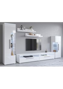 Wohnwand OTTO HOME "India,Breite 290cm moderne Mediawand ohne Beleuchtung", wei&szlig; (wei&szlig;, wei&szlig; hochglanz), ABS-Kunststoff, Glas, Holzwerkstoff, Kunststoff, Metall, Kastenm&ouml;bel-Sets, Wohnwand, Anbuwand (Set,5-St, 2xVitrine, 1TV-Schrank, 2xWandregal) viel Stauraum