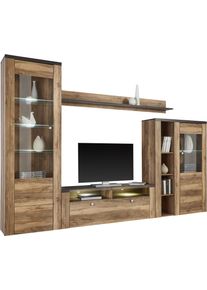 Wohnwand OTTO HOME "Larona, Anbauwand, Set 4 Teilig", braun (satin nussbaumfarben, schwarzwood), B:305cm, Kastenm&ouml;bel-Sets, Wohnwand, bestehend aus 1 TV-Board, 1 Highboard, 1 Vitrine, 1 Wandregal
