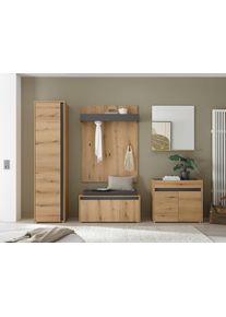 Garderoben-Set Home Affaire "GIRON/CiTY, moderne Garderobe, Komplettset mit viel Stauraum", braun (eiche evoke), B:260cm H:200cm T:40cm, Holzwerkstoff, Kastenm&ouml;bel-Sets, Garderoben-Set, enth&auml;lt Schrank, Kommode, Spiegel, Paneel & Schuhbank +Sitzkissen