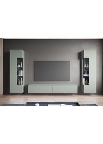 Wohnwand OTTO HOME "Kenia, Vitrine T&uuml;ranschlag links/rechts wechselbar", gr&uuml;n (salbei), B:270cm, Glas, Hartfaserplatte, Holzwerkstoff, Kunststoff, Kastenm&ouml;bel-Sets, Wohnwand, Vitrinen mit Eckverglasung, h&auml;ngend und stehend montierbar