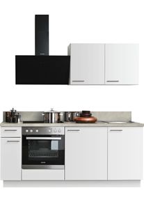 K&uuml;chenzeile KOCHSTATION "KS-Scafa, mit h&ouml;henverstellbaren F&uuml;&szlig;en", wei&szlig; (k&uuml;che: wei&szlig;, korpus: wei&szlig;, arbeitsplatte: zementfarben hell), B:200cm T:60cm, Komplettk&uuml;chen-Sets, K&uuml;chenzeile, vormontiert, wahlweise mit E-Ger&auml;ten, mit Soft-Close, Breite 200 cm