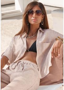 Kurzarmbluse Buffalo, Damen, Gr. 46, beige meliert, Web, Obermaterial: 100% Polyester, meliert, figurumspielend taillenbedeckt, V-Ausschnitt, mit Riegel, Blusen Kurzarmbluse