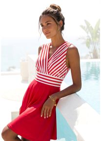 Sommerkleid Lascana "mit Streifenprint, b&uuml;gelfreie Qualit&auml;t, maritim", Damen, Gr. 42, N-Gr, wei&szlig; (wei&szlig;, rot gestreift), Single Jersey, Obermaterial: 95% Polyester, 5% Elasthan, gestreift, unifarben, figurumspielend kniefrei, tiefer V-Ausschnitt, Kleider Sommerkleid, tailliertes Minikleid, Streifenkleid, elegantes Strandkleid, casual