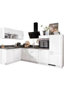 K&uuml;chenzeile KOCHSTATION "KS-Scafa, mit h&ouml;henverstellbaren F&uuml;&szlig;en", wei&szlig; (k&uuml;che: wei&szlig;, korpus: wei&szlig;, arbeitsplatte: stahlfarben dunkel), B:305cm T:60cm, Komplettk&uuml;chen-Sets, K&uuml;chenzeile, vormontiert, wahlweise mit E-Ger&auml;ten, Stellbreite 305 x 185 cm