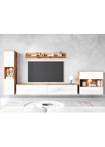 Wohnwand OTTO HOME "PARIS, Vitrine T&uuml;ranschlag links/rechts wechselbar", wei&szlig; (eichefarben wotan, wei&szlig; hochglanz), B:300cm H:130cm T:33cm, Hartfaserplatte, Kastenm&ouml;bel-Sets, Wohnwand, grifflose Design, stehend und h&auml;ngend montierbar