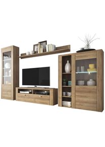 Wohnwand OTTO HOME "Larona, Anbauwand, Set 4 Teilig", braun (eichefarben riviera), B:305cm, Kastenm&ouml;bel-Sets, Wohnwand, bestehend aus 1 TV-Board, 1 Highboard, 1 Vitrine, 1 Wandregal