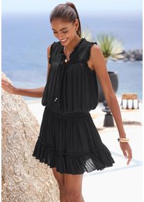Strandkleid Buffalo, Damen, Gr. 44, N-Gr, schwarz, Cr&ecirc;pe, Obermaterial: 100% Viskose, unifarben, figurumspielend kurz, Rundhals, R&uuml;schen, Kleider Strandkleid