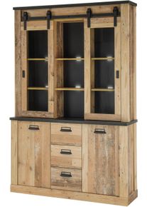 Buffet Home Affaire "SHERWOOD", braun (old style hell dekor), B:133cm H:201cm T:38cm, Schr&auml;nke, Buffet, Holz Dekor, mit Scheunentorbeschlag und Apothekergriffen, Breite 133cm