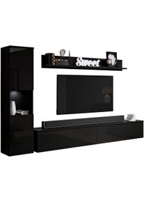 Wohnwand OTTO HOME "PARIS, Vitrine T&uuml;ranschlag links/rechts wechselbar", schwarz (schwarz graphite matt, schwarz hochglanz), B:220cm H:130cm T:33cm, Kastenm&ouml;bel-Sets, Wohnwand, grifflose Design, stehend und h&auml;ngend montierbar